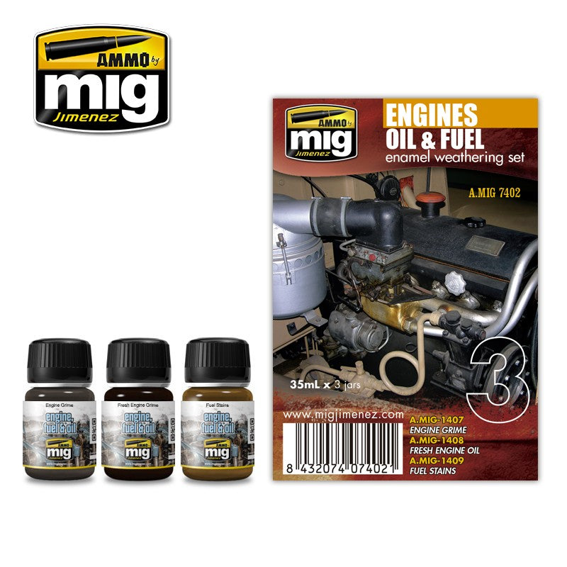 AMMO of Mig Jimenez A.MIG 7402 Engines Oil & Fuel - Enamel Weathering Set