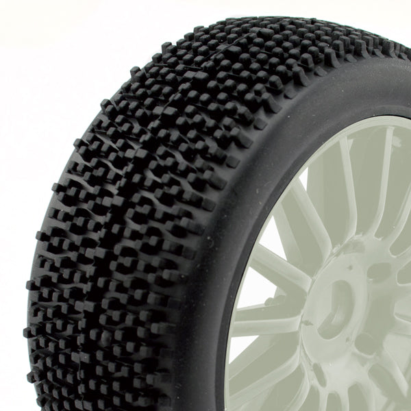 Rocket 1/8th pre-glued buggy tyres on white spoked wheels pair