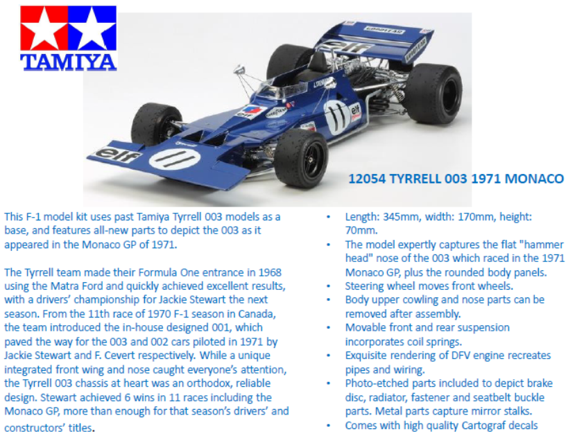 Tamiya 1/12 TYRRELL 003 1971 MONACO Kit