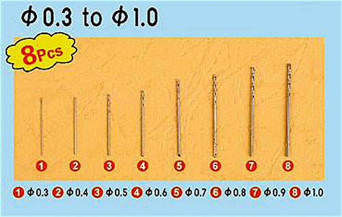 Drill Set 1 (8 pcs Dia0.3 to Dia1.0mm)