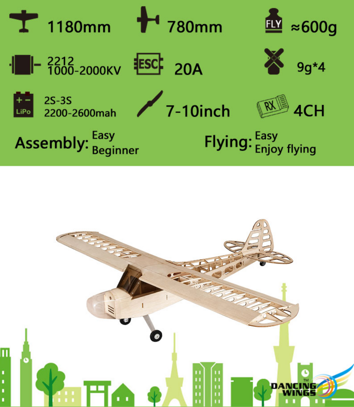 DW Models J3 Cub Balsa Kit 1.2M (Inc Motor- ESC- Prop)