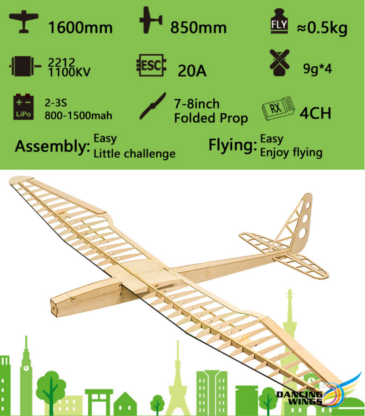 DW Models Sunbird Glider Balsa Kit 1.6M (with1100kv Motor -20amp ESC - prop)