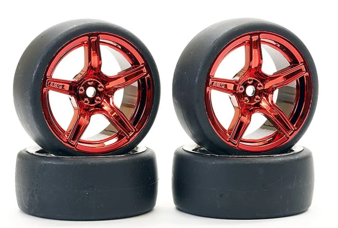 FASTRAX 1/10 (4) DRIFT D1 TYREw/3MM 5-SPOKE WHEEL- MET RED