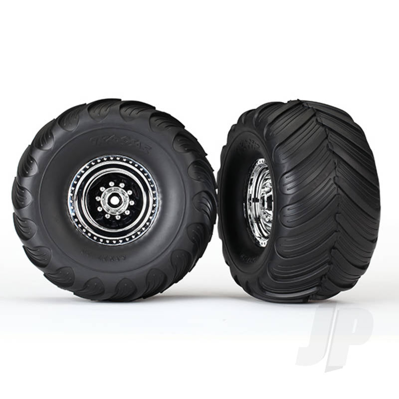 Tyres & Wheels assembled glued (chrome wheels Terra Groove dual profile Tyres foam inserts) (2WD electric rear) (2pcs)