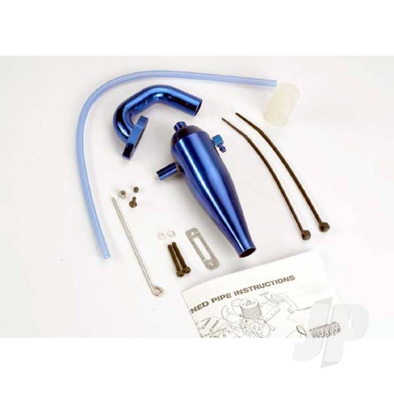 Aluminium tuned pipe & header (complete with mounting hardware) (strong power across mid and upper RPM range) (blue-anodized)