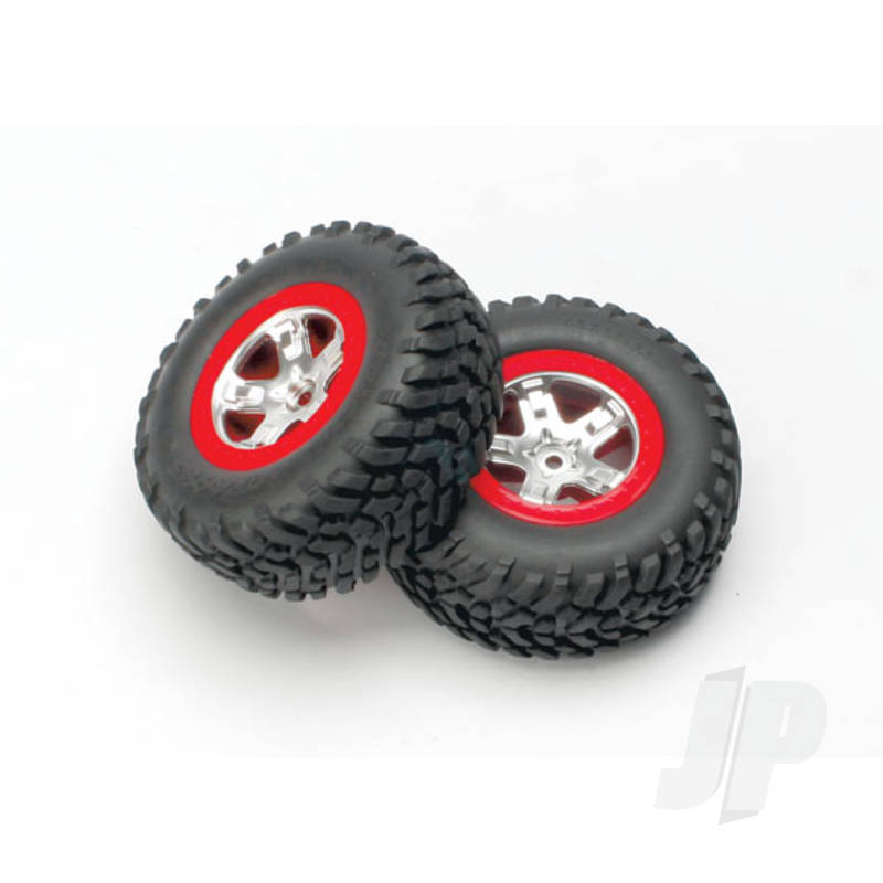 Tyres & Wheels assembled glued (SCT satin chrome red-beadlock style wheels SCT off-road Tyres foam inserts) (2pcs) (4WD front & rear 2WD rear only)