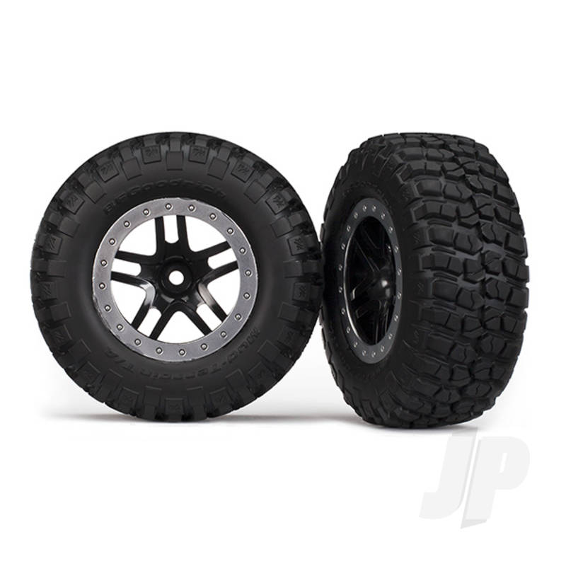 Tyres & Wheels assembled glued (SCT Split-Spoke black satin chrome beadlock wheels BFGoodrich Mud-Terrain T / A KM2 Tyres foam inserts) (2pcs) (2WD Front)