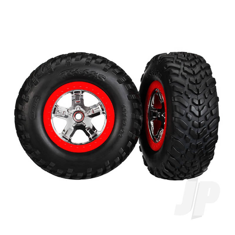 Tyres & Wheels assembled glued (SCT chrome wheels red beadlock style dual profile (2.2in outer 3.0in inner) SCT off-road racing Tyres foam inserts) (2pcs) (2wd front)