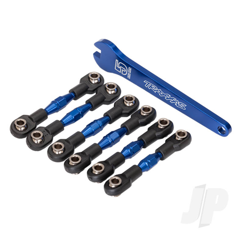 Turnbuckles aluminium (blue-anodized) camber links 32mm (front) (2pcs) / camber links 28mm (rear) (2pcs) / toe links 34mm (2pcs) / aluminium wrench