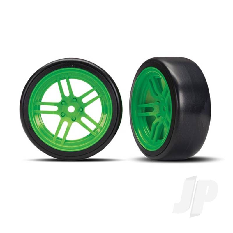 Tyres & Wheels assembled glued (split-spoke green wheels 1.9in Drift Tyres) (front)