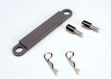 Battery hold-down plate (grey) / metal posts (2) / body clip